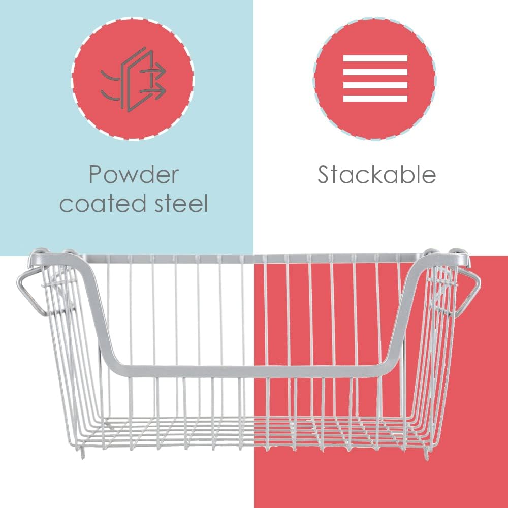Home Basics Powder Coated Steel Wire Storage Organizer Basket Bin with Handles For Cabinets, Shelves, closet, Kitchen, Bedroom, Laundry Room, Vanity Small