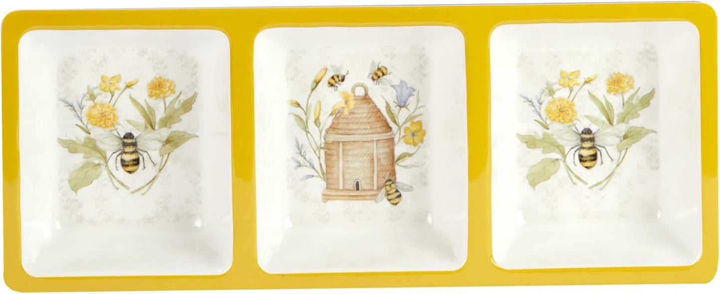 Bee Sweet 3-Piece Melamine Serveware Set – Includes 14.5" Chip & Dip, 14.5"x5.75" 3-Section Tray & 19"x8" Platter with Bee & Floral Designs for Spring Entertaining & Outdoor Dining