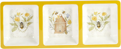 Bee Sweet 3-Piece Melamine Serveware Set – Includes 14.5" Chip & Dip, 14.5"x5.75" 3-Section Tray & 19"x8" Platter with Bee & Floral Designs for Spring Entertaining & Outdoor Dining