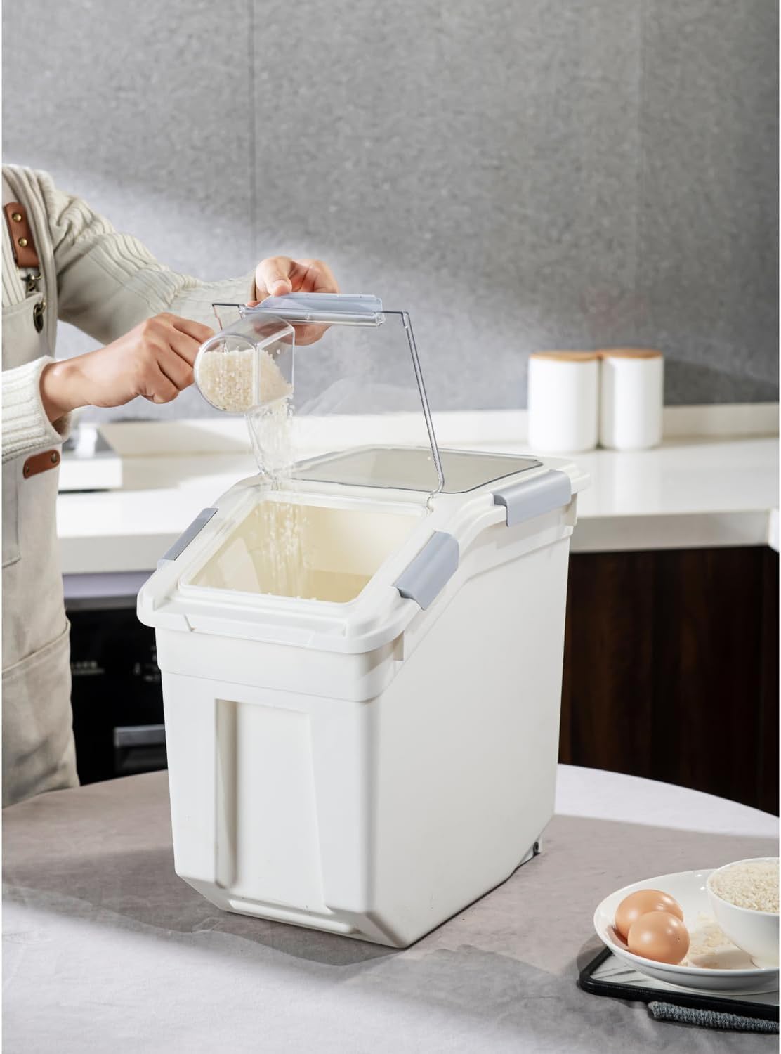 HANAMYA 32.5 Liter / 35 lbs Pet Food Storage Container with Measuring Cup, BPA free, For Dog Food | Cat Food | Rice | Grain | Flour, White & Gray, 1 count