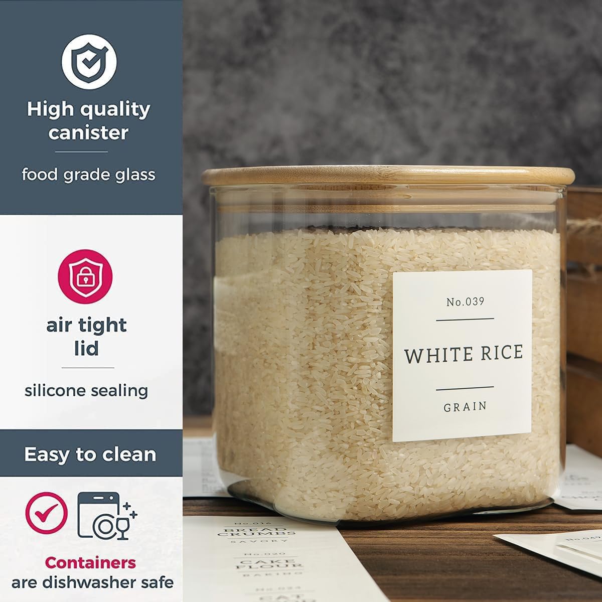Large glass flour and sugar containers with 132 Kitchen Pantry Labels - 110 oz Glass Food Storage Containers with Airtight Lids - Square Glass Jars with Bamboo Lids for Rice, Pasta, Cookies, grain