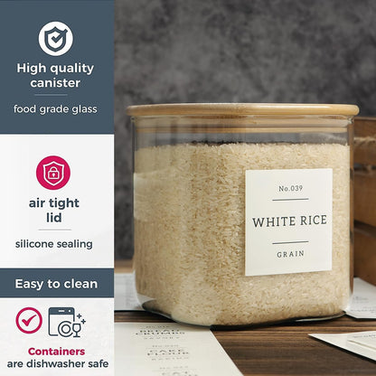 Large glass flour and sugar containers with 132 Kitchen Pantry Labels - 110 oz Glass Food Storage Containers with Airtight Lids - Square Glass Jars with Bamboo Lids for Rice, Pasta, Cookies, grain