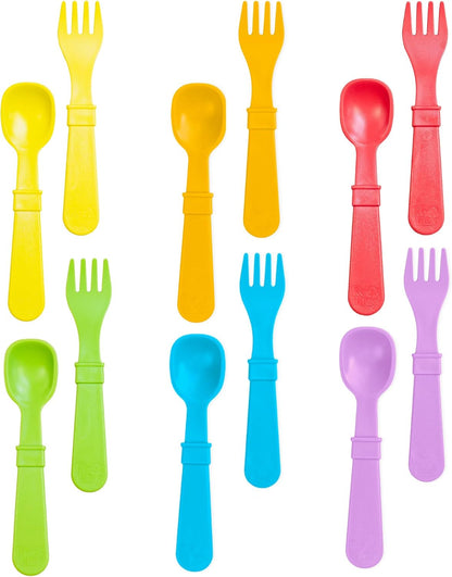 Re-Play Toddler Forks and Spoons Set - 6x6 Utensils Set for Kids - Dishwasher and Microwave Safe - Made in USA - Set of 12-5.8" x 1.2" x 0.2" - Sorbet