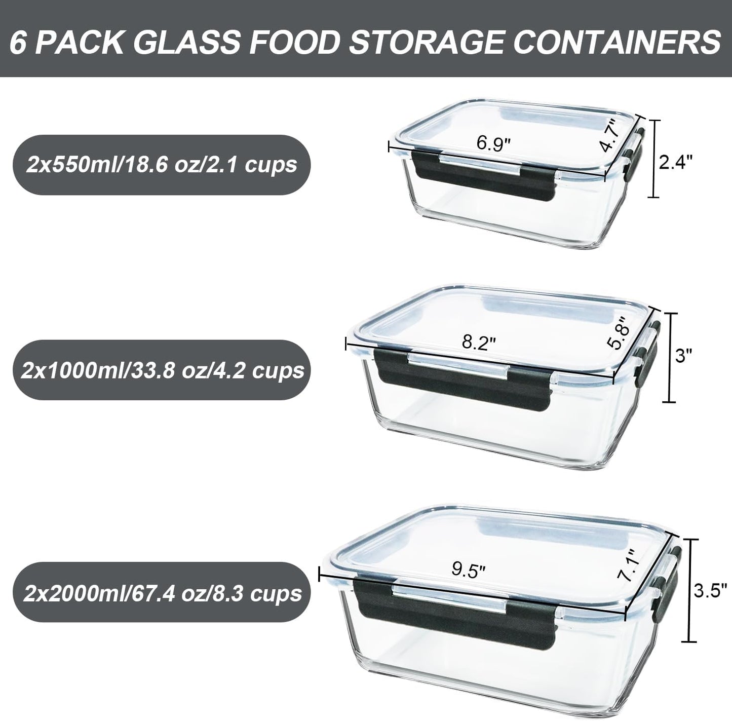 M MCIRCO 67.4oz(8.3 cup), 33.8oz(4.2 cup)& 18.6oz(2.1 cup) Extra Large Glass Food Storage Containers Set with Lids, 6 Pack Airtight Glass Storage Container for Microwave,Oven,Freezer Dishwasher