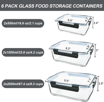 M MCIRCO 67.4oz(8.3 cup), 33.8oz(4.2 cup)& 18.6oz(2.1 cup) Extra Large Glass Food Storage Containers Set with Lids, 6 Pack Airtight Glass Storage Container for Microwave,Oven,Freezer Dishwasher