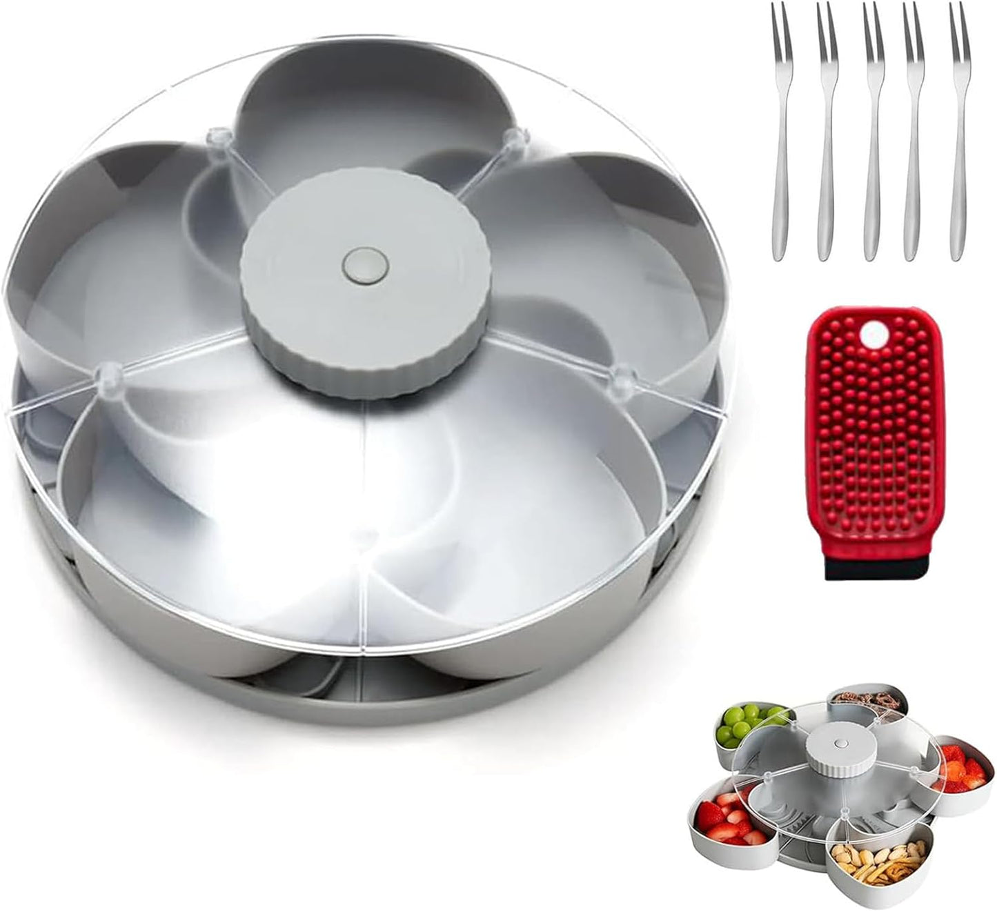 Divided Serving Tray That Spins – Perfect for Snacks, Dips & Party Appetizers, Portable Rounded Veggie Tray with Rotating Cover, Rotating Snack Box Container with Lid (Pink)