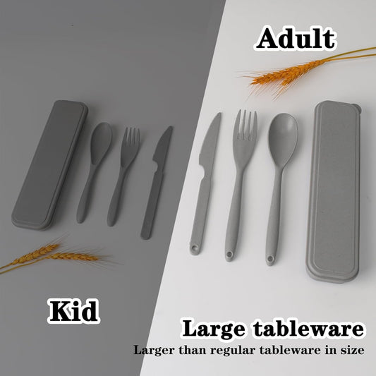 Large Reusable Utensils Set with Case, 2 Sets Portable Cutlery Set for Adults, Travel Fork Spoon Knife for Camping Work Picnic (Grey, Black)