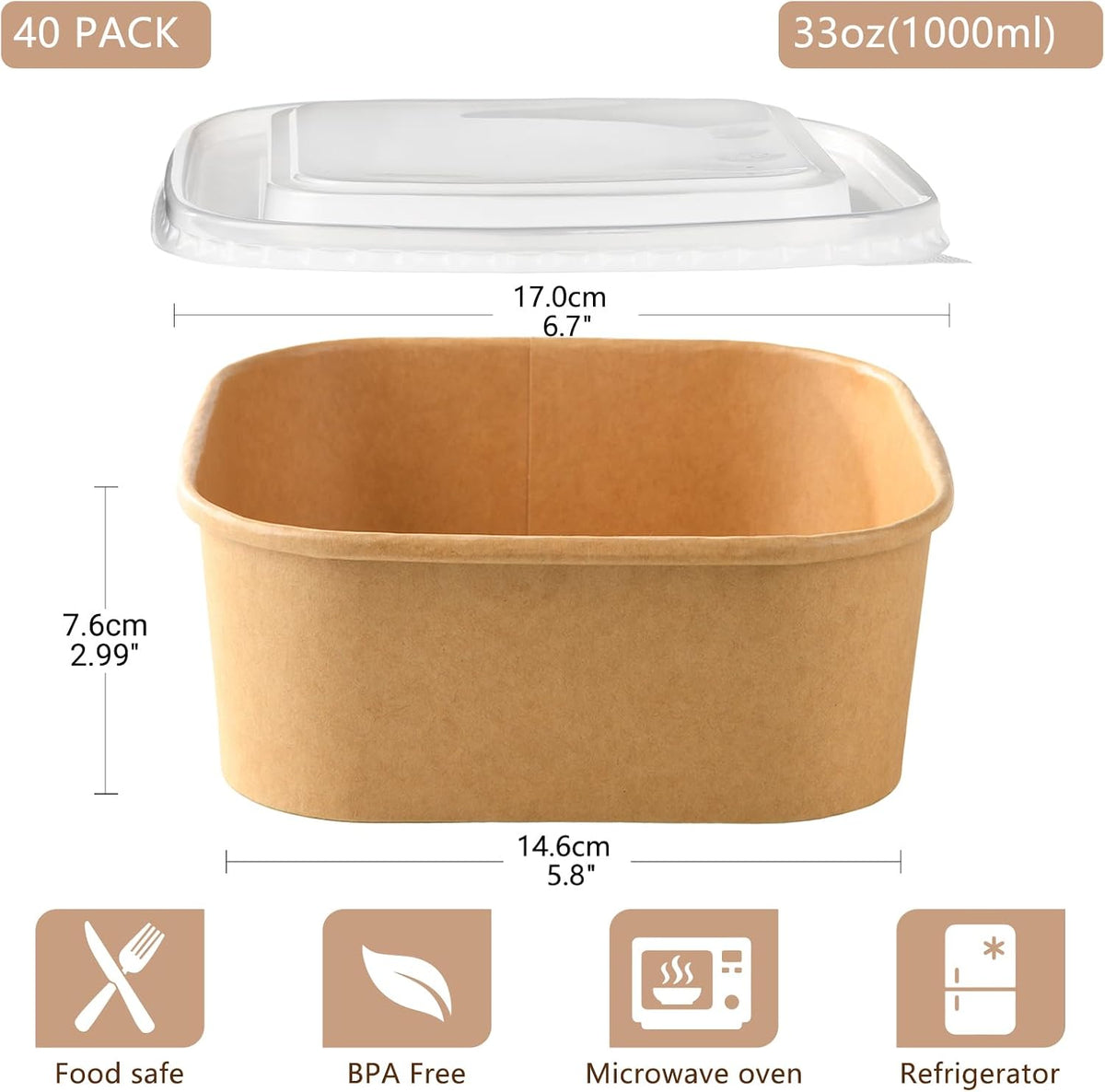 50 Sets 25oz Disposable Kraft Paper Bowls with Lids, Rectangle