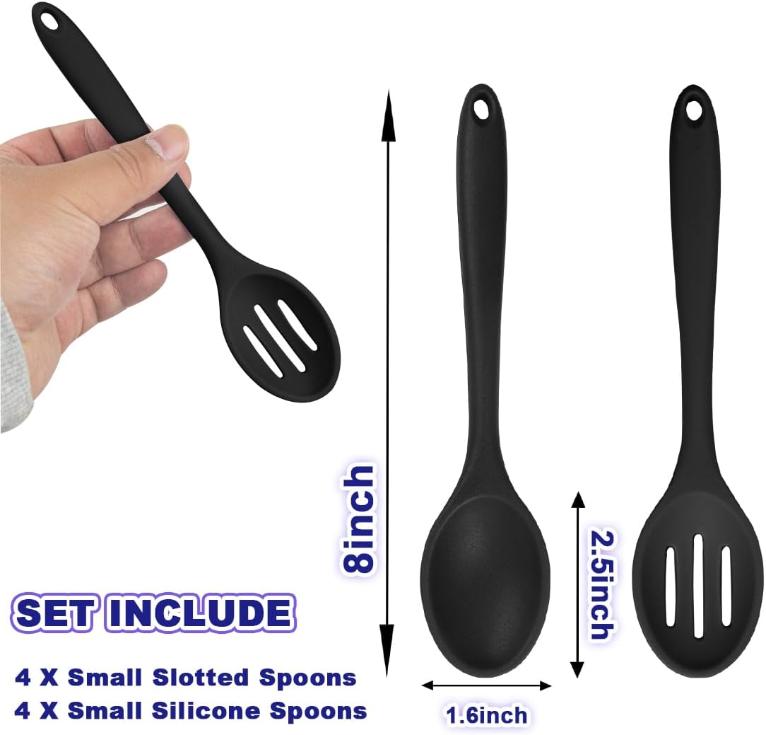 8 Pcs 8inch Heat Resistant Cooking Spoons for Nonstick Cookware Set -Ideal for Cooking, Baking, Mixing, Stirring Includes Slotted & Solid Spoons, Design for Nonstick Cookware (Black+Red+Green+Purple)