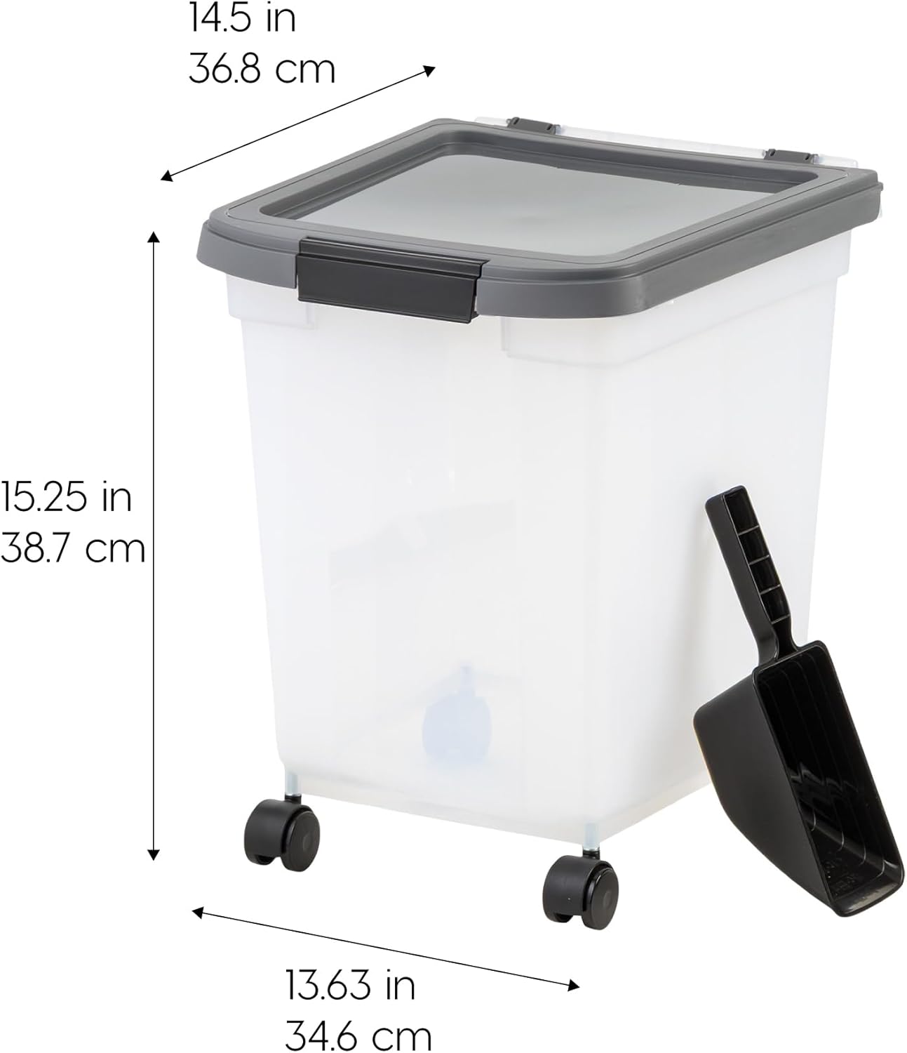 IRIS USA Airtight Dog Food Storage Container, WeatherPro, Up to 25 lbs, Removable Wheels, for Dog Cat Bird and Other Pet Food Storage Bin, Keep Fresh, Translucent Body, Made in USA, Clear/Black