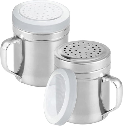 2Pcs Metal Salt Pepper Dredge Shakers, Stainless Steel Pepper Shaker Seasoning Jar With Handle, With Hole And Cover, Suitable For Pepper, Cinnamon And Coffee Spice Jars (Small-6OZ)