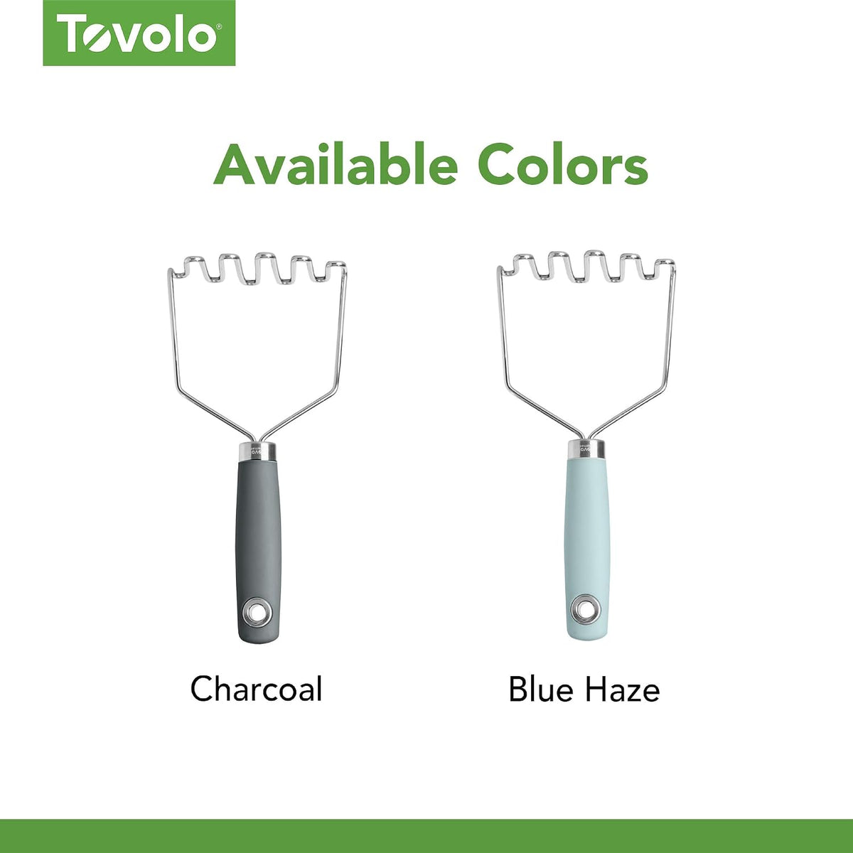 Tovolo Elements Stainless Steel Masher Tool for Mashing Potatoes Avocado Vegetables & More, Dishwasher Safe Potato Masher with Comfort Grip Handle Hanging Loop for Convenient Storage, Charcoal Gray