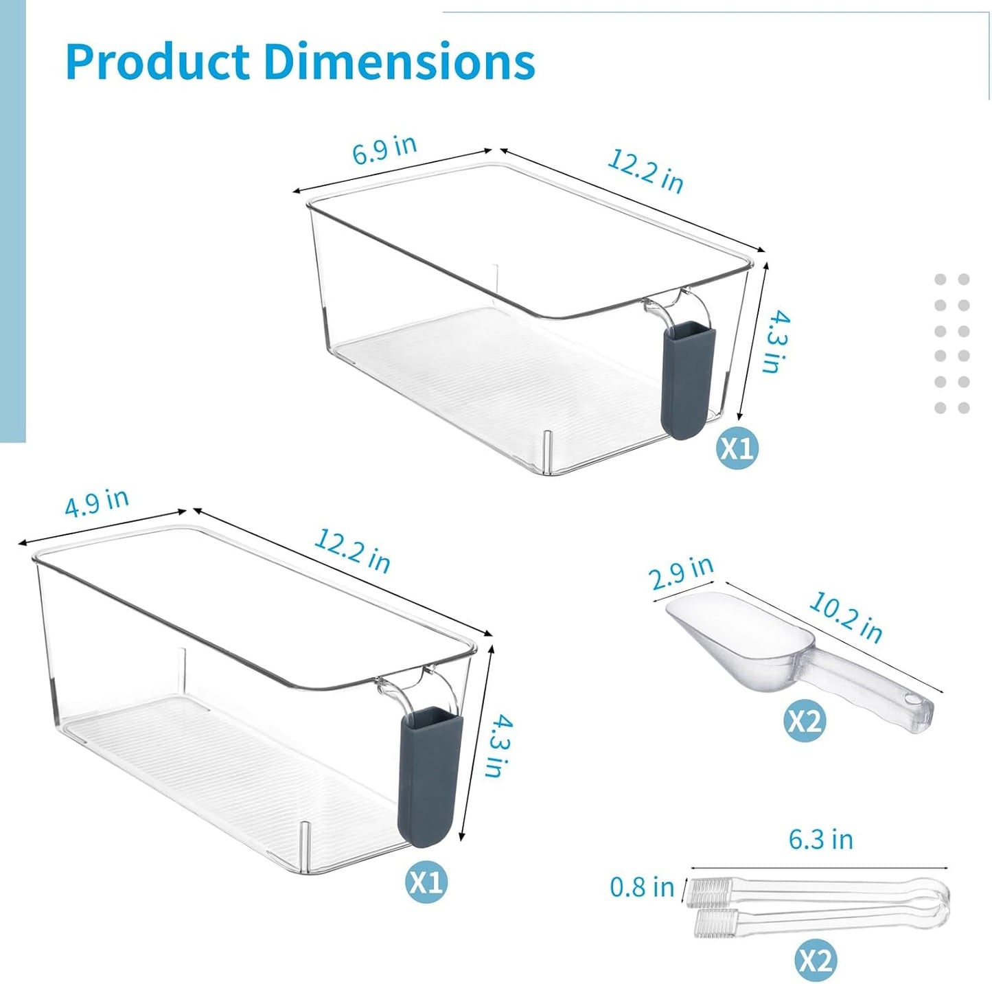 2 Pcs Ice Bin with Scoop and Tong, Ice Bucket with Pull-Out Handle for Freezer, 2 Sizes Clear Plastic Ice Container for DIY Drink Summer Party, 12.2 x 6.9 x 4.3 in, 12.2 x 4.9 x 4.3 in, Dark Blue