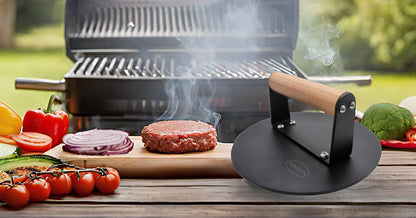 Kitchen Tools Heavy Duty Cast Iron Grill Press Burger Press Bacon Press Barbecue Press Meat Press Burger Smasher Griddle Press Round Flat Press with Anti Scalding Wooden Handle (6INCH)
