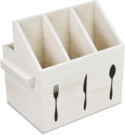 Ikee Design Wooden Utensil Caddy with Handles, Silverware Caddy, Silverware Holder for Countertop,Party,Camping and Kitchen, Silverware Organizer, Picnic Cutlery Holders, White Color
