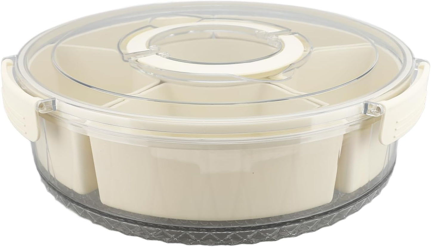 Divided Serving Tray, 360 Degree Rotating Snack Container with 6 Compartments and Transparent Cover Lid, for Party Picnic Beach Travel