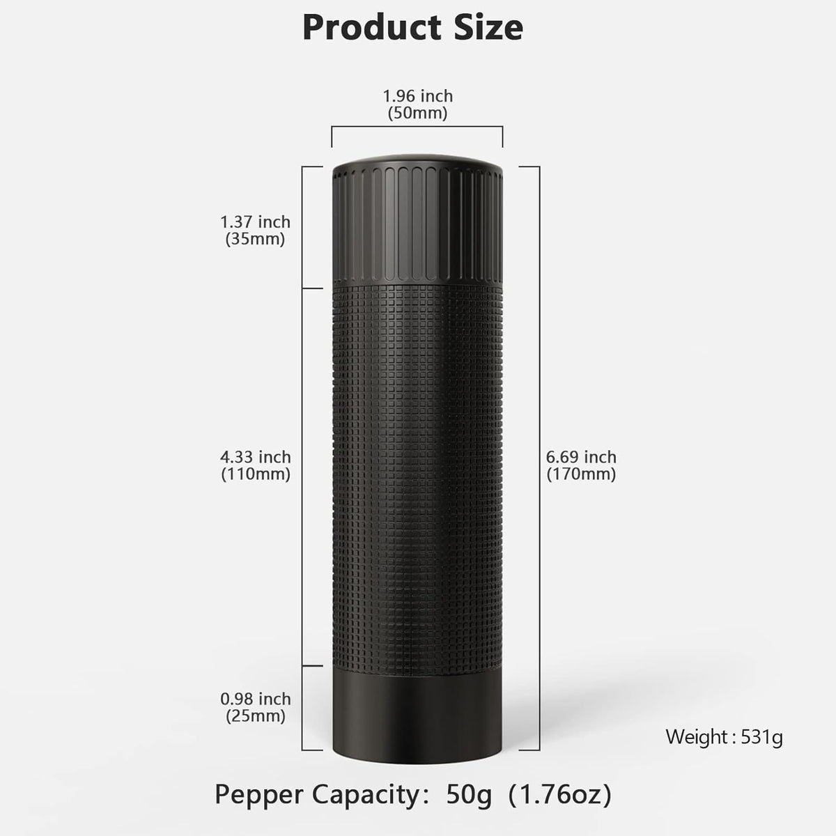 Luvan Professional Grade Pepper Grinder,External Adjustable Coarseness Manual Pepper Mill Grinder, Heavy Duty Aluminum Coarse Pepper Grinder Refillable,Spice Grinder with Stainless Steel Burrs (Gray)