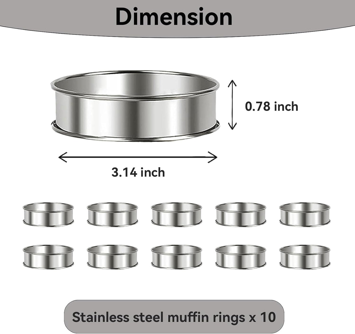 Uncle Jack 10 Pcs Stainless Steel English Muffin Rings, 3.14 Inch Crumpet Rings, Double Rolled, Nonstick, for Frying Eggs, Kitchen Baking, Silver