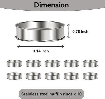Uncle Jack 10 Pcs Stainless Steel English Muffin Rings, 3.14 Inch Crumpet Rings, Double Rolled, Nonstick, for Frying Eggs, Kitchen Baking, Silver
