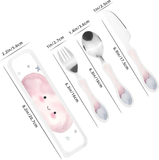 Stainless Steel Kids Silverware Set, Gray Cloud Utensil Set Reusable Children Safe Knife Spoon Fork Set With Storage Case Dishwasher Safe For Lunch, Travel Outdoors