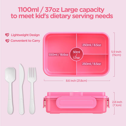 Jelife Bento Lunch Box for Kids - Leakproof Large Bento-Style with 4 Compartments Portions Lunchbox with Tableware Back to School, Reusable On-the-Go Meal and Snack Packing, Blue