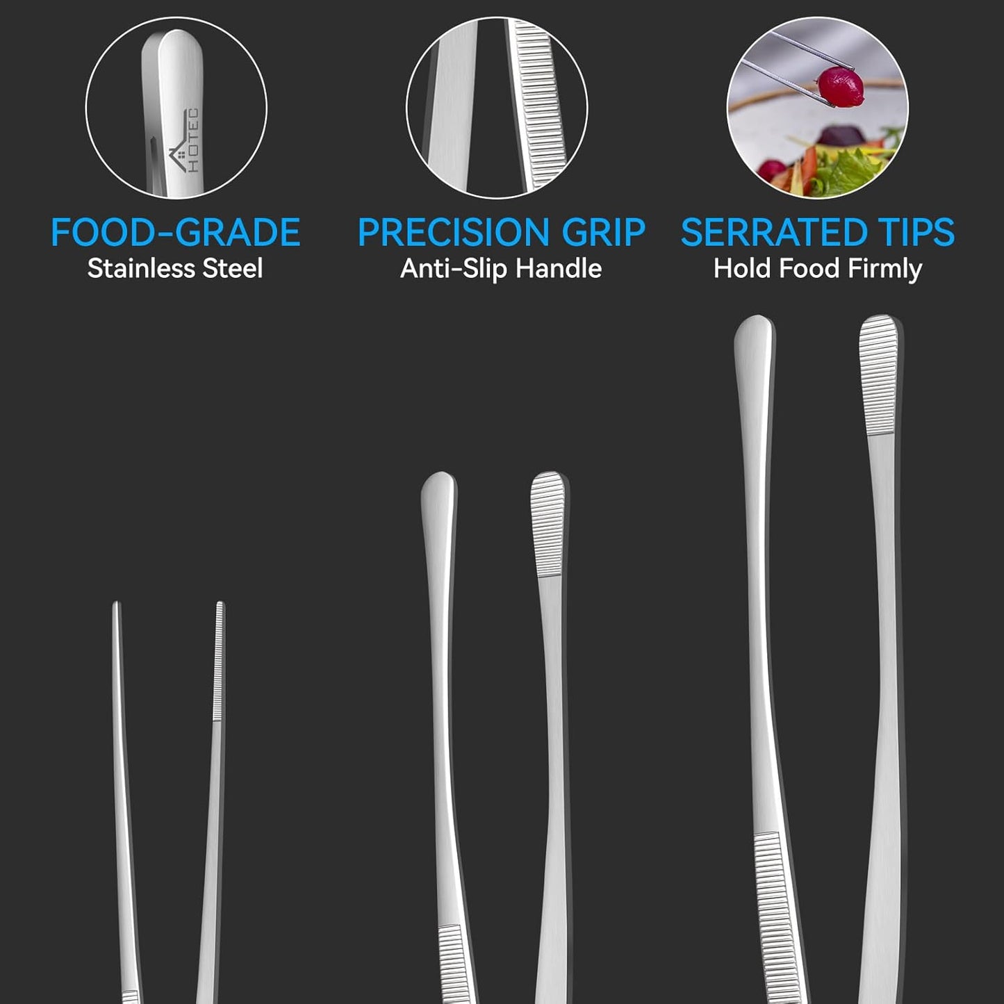 HOTEC Kitchen Tweezers Tongs Stainless Steel Professional Chef Tweezers, Set of 3-6.3", 10" and 12inch Food Tongs for Cooking, Repairing, Dessert, BBQ, Meat, Pasta