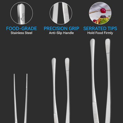 HOTEC Kitchen Tweezers Tongs Stainless Steel Professional Chef Tweezers, Set of 3-6.3", 10" and 12inch Food Tongs for Cooking, Repairing, Dessert, BBQ, Meat, Pasta