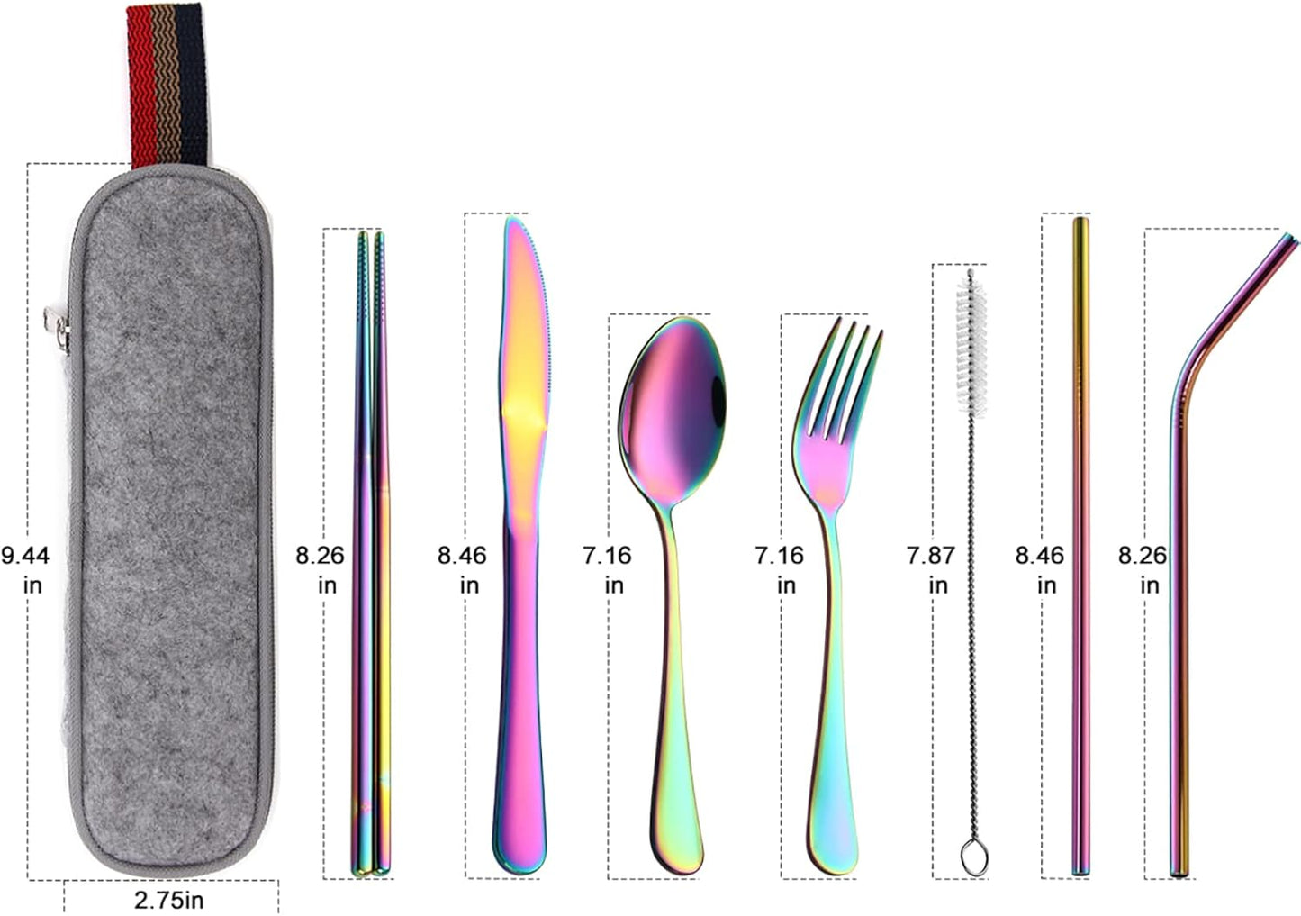 DEVICO Camping Utensils, 8-Piece Full-Size Reusable Silverware for Lunch Adult, Stainless Steel Portable Fork Spoon Knife Set for Work, Travel Cutlery Set with Case and Chopsticks Straws (Rainbow)