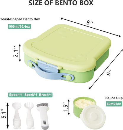 SAYAPE Kids Bento Lunch Box - Toast-Shaped 4-Compartment Lunchable Food Container with Sauce Cup, Utensils & Brush, BPA-Free, Reusable Snack Container with lid, Ideal for School & Travel - Blue