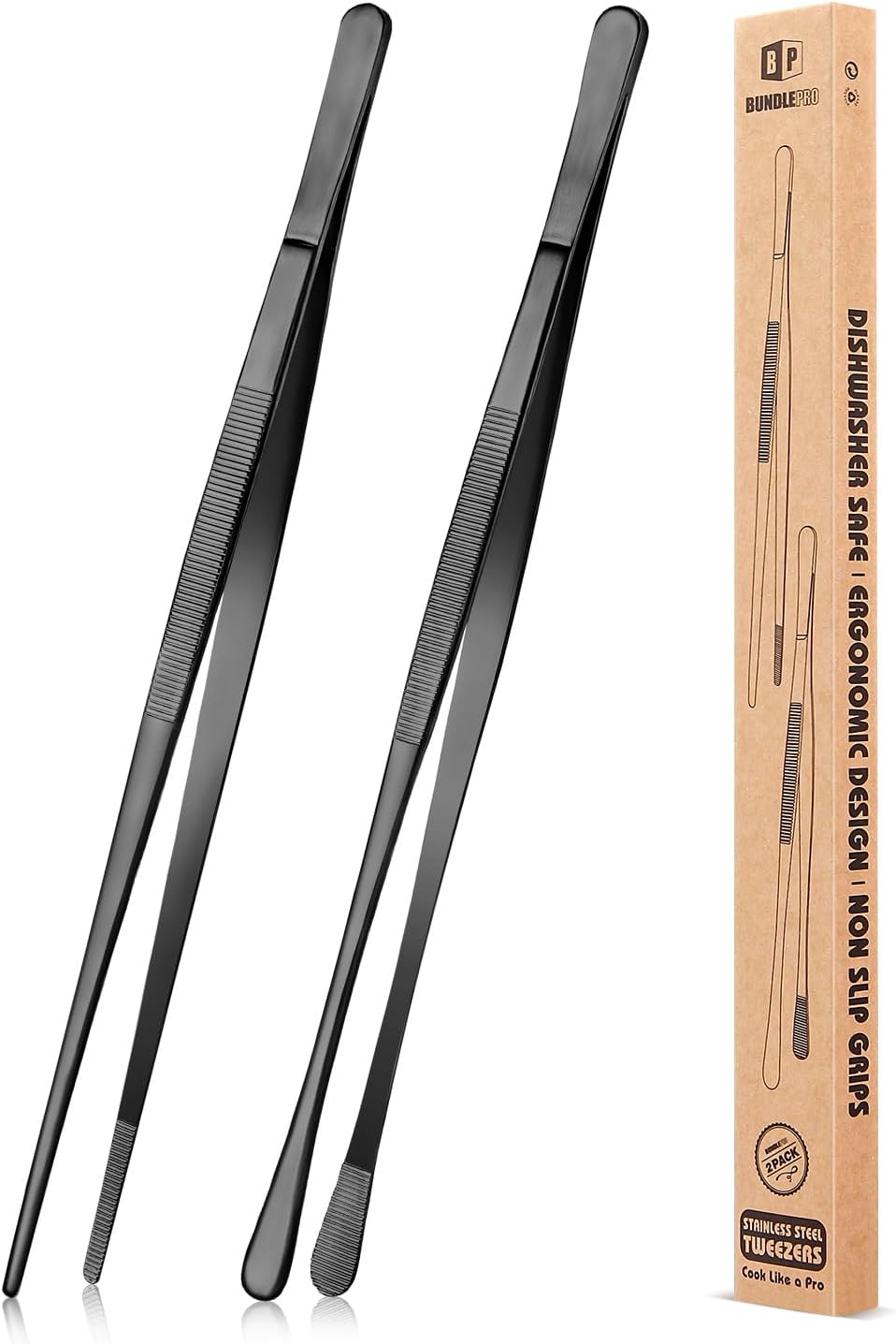 2 Pcs 10-Inch Kitchen Tweezers Fine Tweezer Tongs, Stainless Steel Professional Long Cooking Tweezers for BBQ, Sea Food, Repairing and Serving (SILVER)