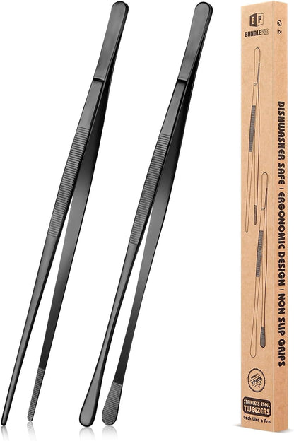 2 Pcs 10-Inch Kitchen Tweezers Fine Tweezer Tongs, Stainless Steel Professional Long Cooking Tweezers for BBQ, Sea Food, Repairing and Serving (SILVER)