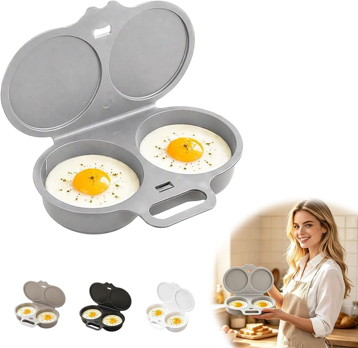 Dual Cavity Microwave Egg Poacher with Lid and Handle, Dark Gray