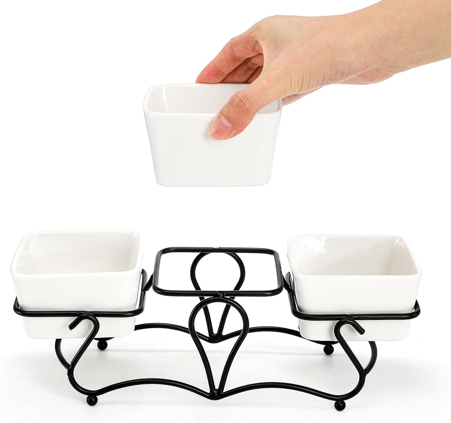 Eorbow 10 OZ Square Bowl Chip & Dip Serving Set, 3 Pieces Ceramic Condiment Server with Metal Stand, Serving Dish Tray for Party Entertaining, Small Snack Platters for Side Dish Appetizer Nuts