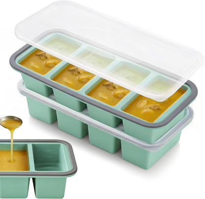 Tvmania 2-Pack Silicone Freezer Tray with Lid - 1 Cup / 4 Compartment Soup Freezer Container for Broth, Sauce & Meal Prep - Large Ice Cube Tray for Whiskey - Stackable, Easy Release, Oven Safe