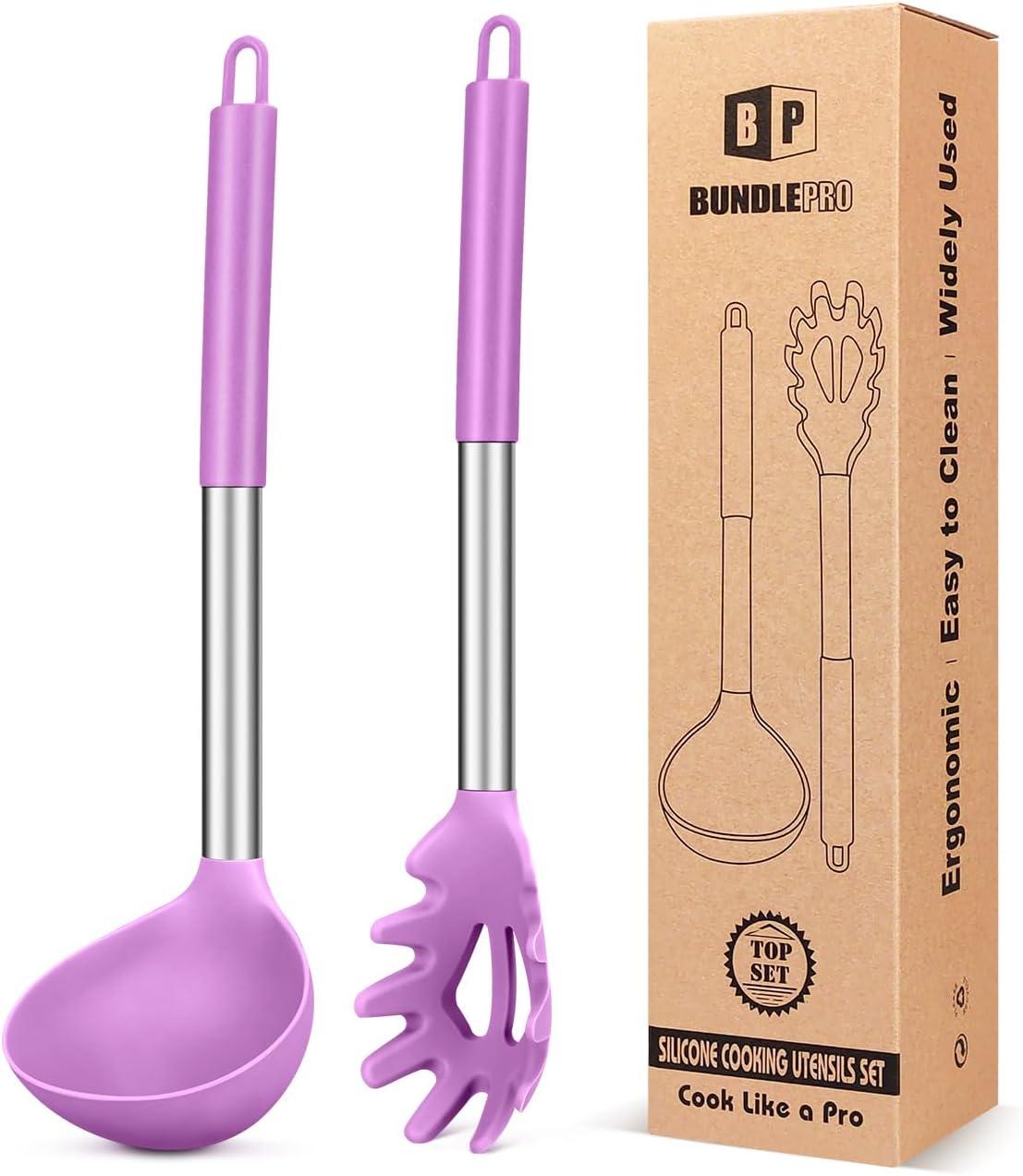 BUNDLEPRO Silicone Soup Ladle and Pasta Spoon Set, 2 Pack, Gray