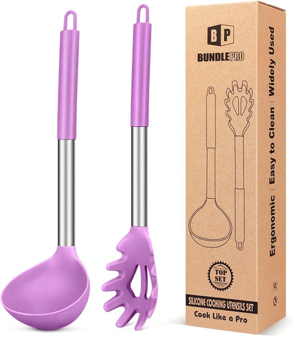 BUNDLEPRO Silicone Soup Ladle and Pasta Spoon Set, 2 Pack, Gray