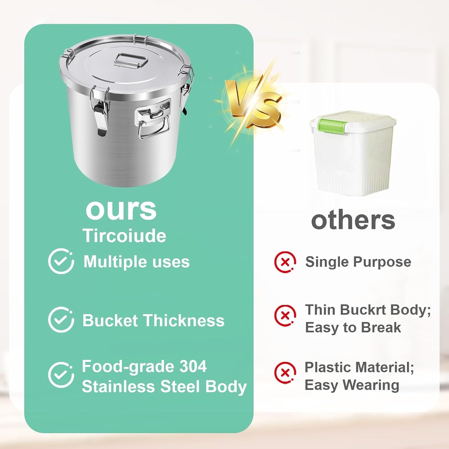 25lb Stainless Steel Containers with Lids, 12L/3.1gal 304 Stainless Steel Storage Containers, Metal Bird Seed Storage Container for Rice Flour Sugar Grain Coffee Bean Kitchen Jar