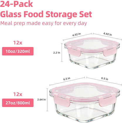 Konokyo Square Glass Food Storage Containers with Lids, 12 Pack Airtight Leakproof Meal Prep Containers, BPA-Free, Microwave Oven Freezer & Dishwasher Safe, Assorted Sizes