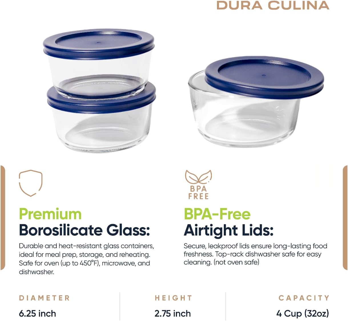 6-Piece Glass Food Storage Containers Set (3 Containers + 3 BPA-Free Lids) | 2-Cup, Leakproof | Microwave, Freezer, Oven & Dishwasher Safe | Ideal for Meal Prep & Pantry Organization, Pistachio