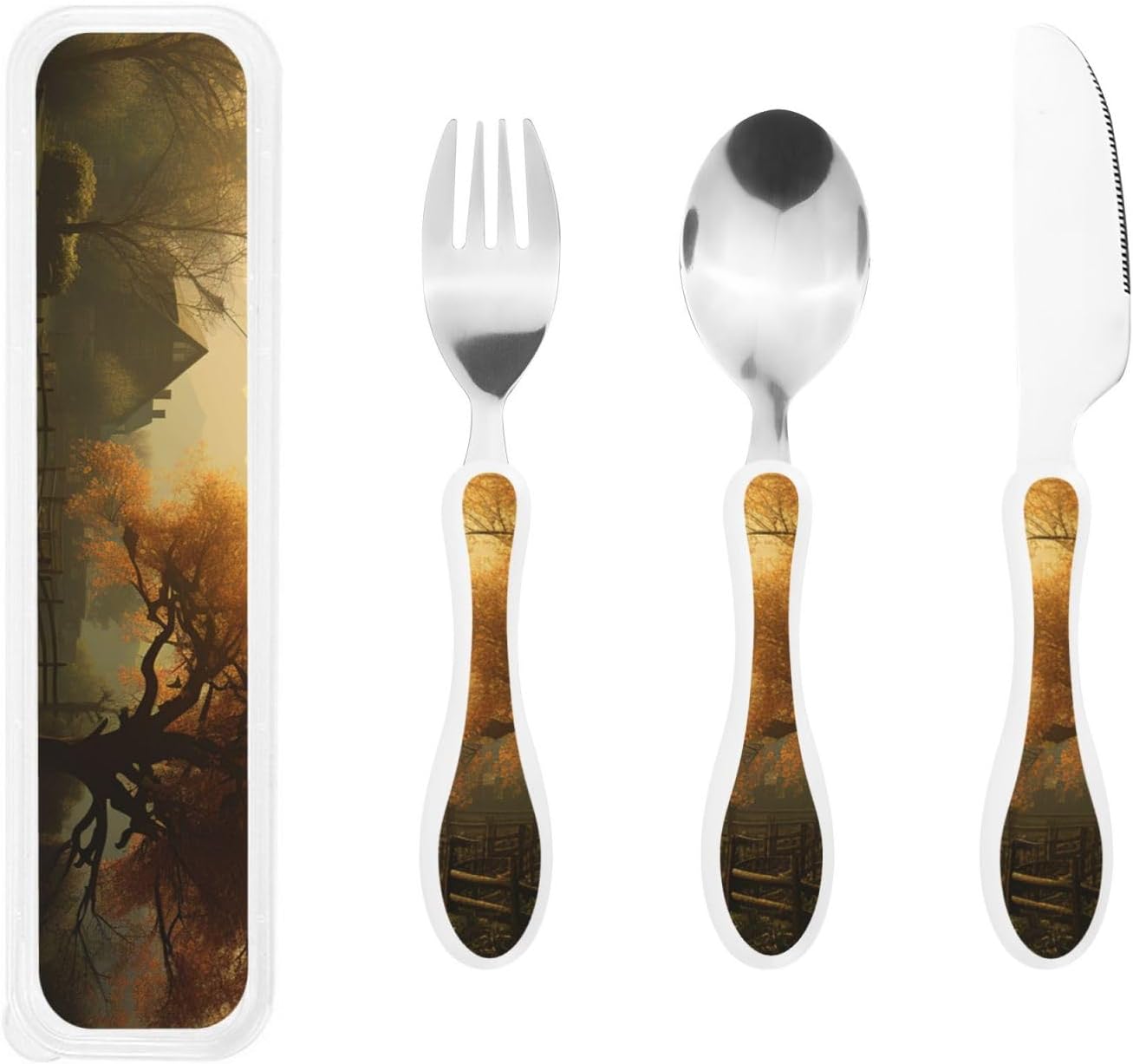 3-Piece Kids Silverware Set With Storage Case, Stainless Steel Reusable Children Safe Knife Spoon Fork Set Blue Lotus Floral Children Flatware Set For Kids Lunch Box