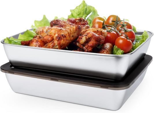 4 PCS Stainless Steel Food Storage Containers with lids,2.16 Inch Deep, 8x10 Inch Stainless Steel Oven plate, Metal Roasting Pan for Meal Prep、Meat, Rustproof & Heavy, Freezer & Dishwasher Safe