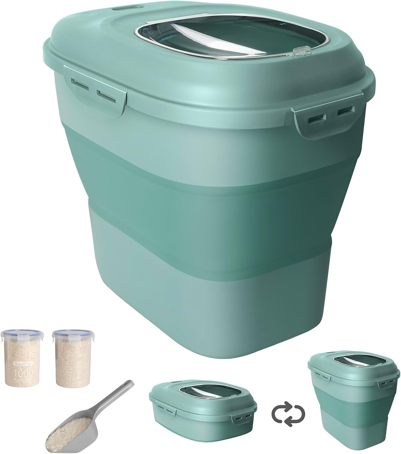 20-30 Lbs Rice Storage Container,Collapsible Food Storage Containers with Rolling Wheel Airtight Locking Lid,Flour Storage Container with Cup and Scoop,Suitable for Food,Rice,Pet Food,Flour