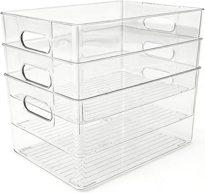6 Pack Thick Clear Stackable Storage Bins, Cabinet Organizer, Plastiic Containers with Handle for Kitchens, Bathrooms and Fridge and Desktop