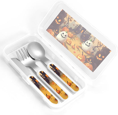 3-Piece Kids Silverware Set, Stainless Steel Reusable Children Safe Knife Spoon Fork Set With Storage Case Halloween Holiday Children Flatware Set For Kids Lunch Box