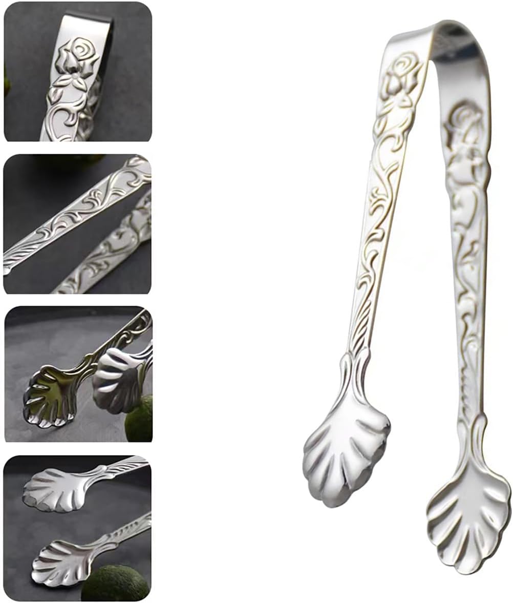 2pcs Stainless Steel Rose Design U-shaped Tongs, Mini Sugar Cube Ice Tongs for Tea Party Coffee Bar (Silver)
