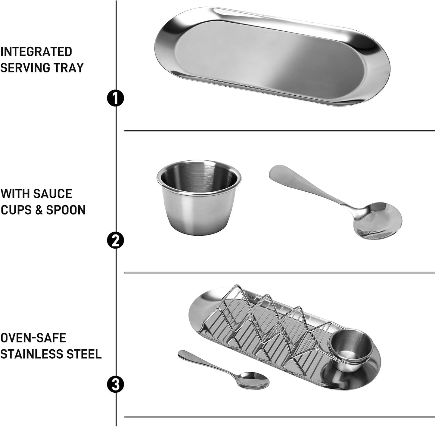 Taco Holders Set of 2 - Stainless Steel Taco Stand Rack with Tray, Sauce Cups & Spoon, for Party, Dishwasher Safety
