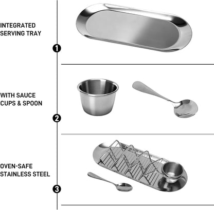 Taco Holders Set of 2 - Stainless Steel Taco Stand Rack with Tray, Sauce Cups & Spoon, for Party, Dishwasher Safety