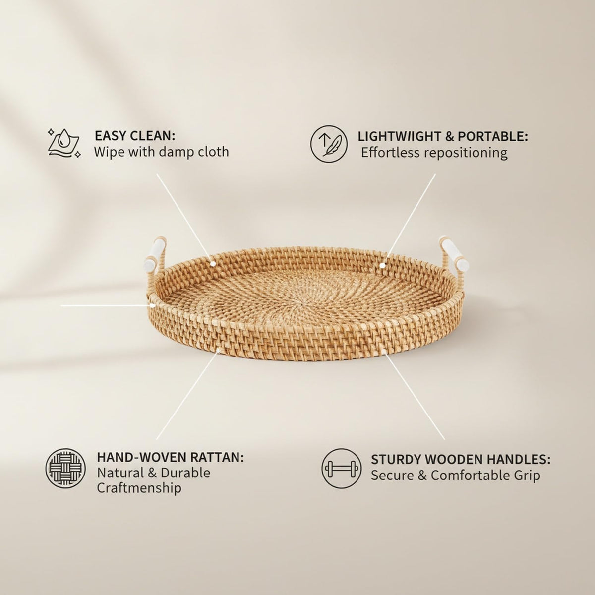 Hand Woven Rattan Basket with Wood Handle, Open Weave Storage Bin for Countertop Organization, Produce, and Snacks