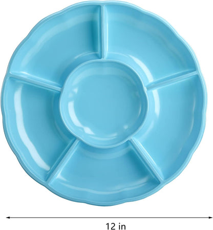 Frcctre 20 Pack Disposable Plastic Appetizer Serving Platter, 12 Inch 6 Sectional Divided Snack Nut Candy Veggie Fruit Dish Serving Platter Divided Food Tray