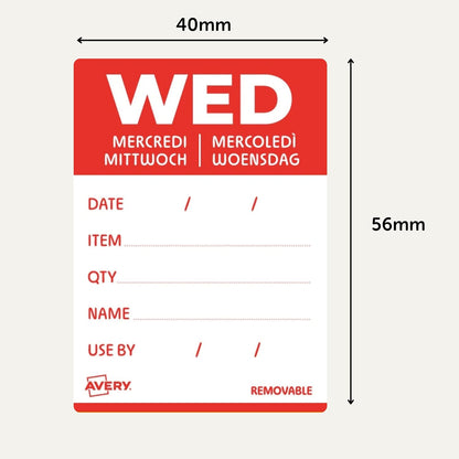 Avery Removable, Hand Writable, Detailed Food Day Labels, Strong Adhesive, 40 x 56 mm, Sunday, Black, 500 Labels, Preprinted Design (DLDSUNREV-500)